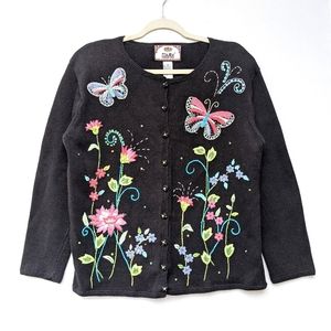 VINTAGE Butterfly Flower embroidered beaded black knit Cardigan Sweater